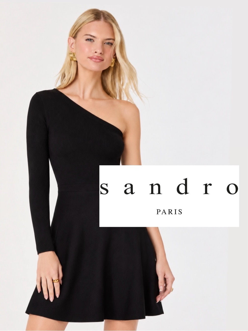 Sandro Paris Shirley Black One Shoulder Knit Mini Dress Size 2 Asymmetric Y2K